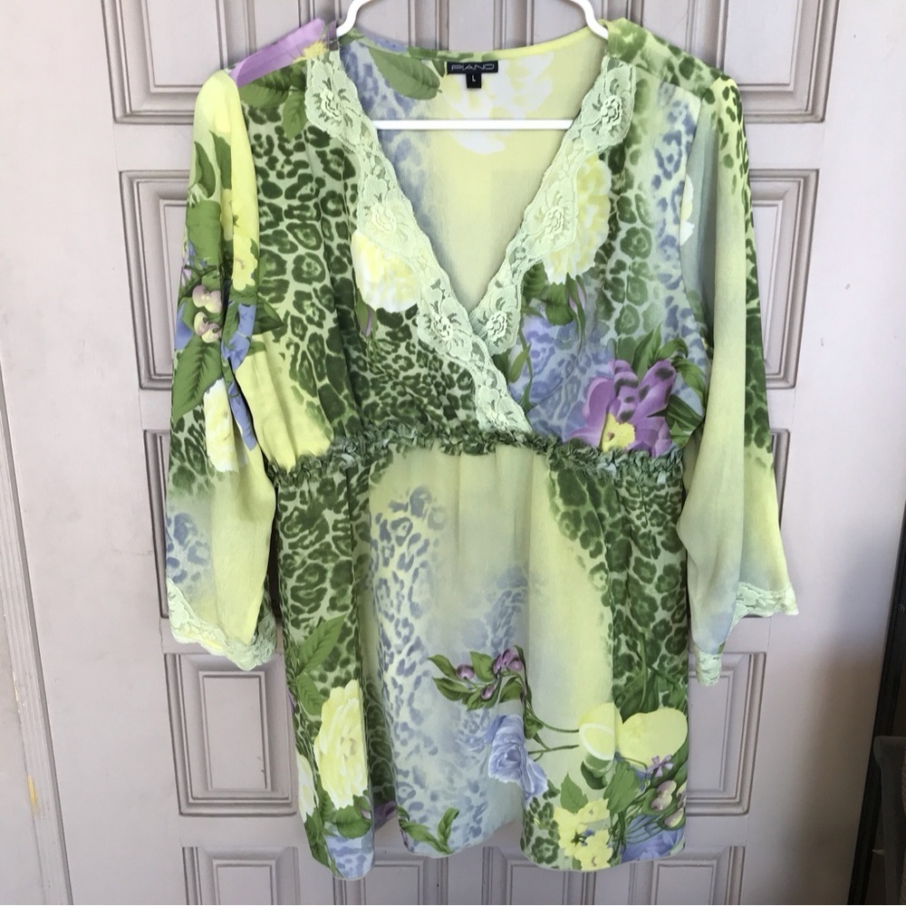 Piano Blouse Silky Pretty Empire Waist SzL Green/Yellow 3/4Sleeves